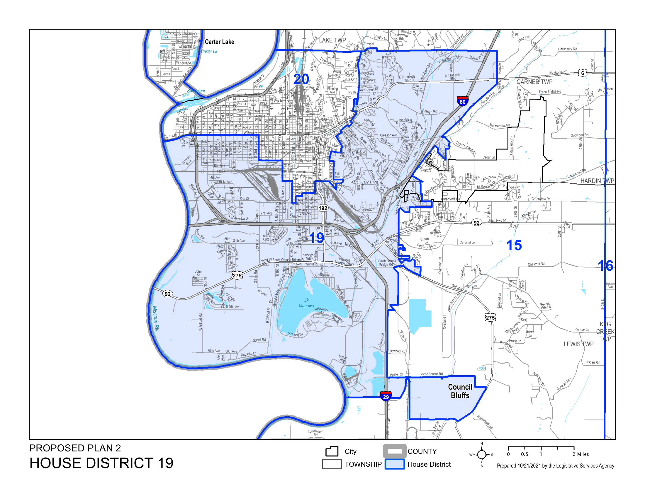 Map of Iowa House District 19 covering Council Bluffs and southwestern Pottawattamie County